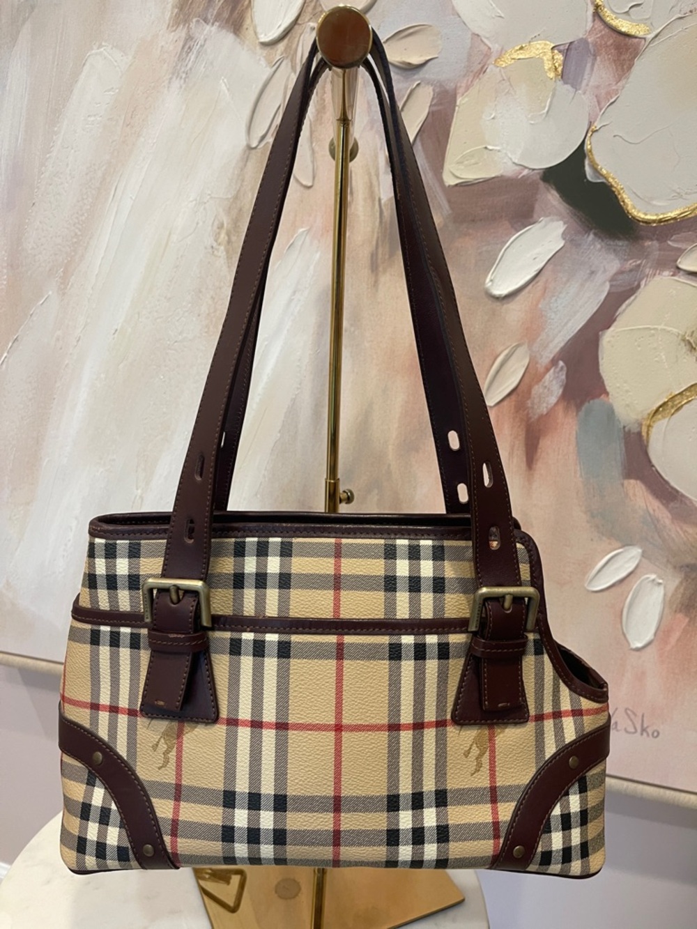 Burberry Beige Vintage Check Shoulder Bag with Brown Leather - Picture 2 of 12